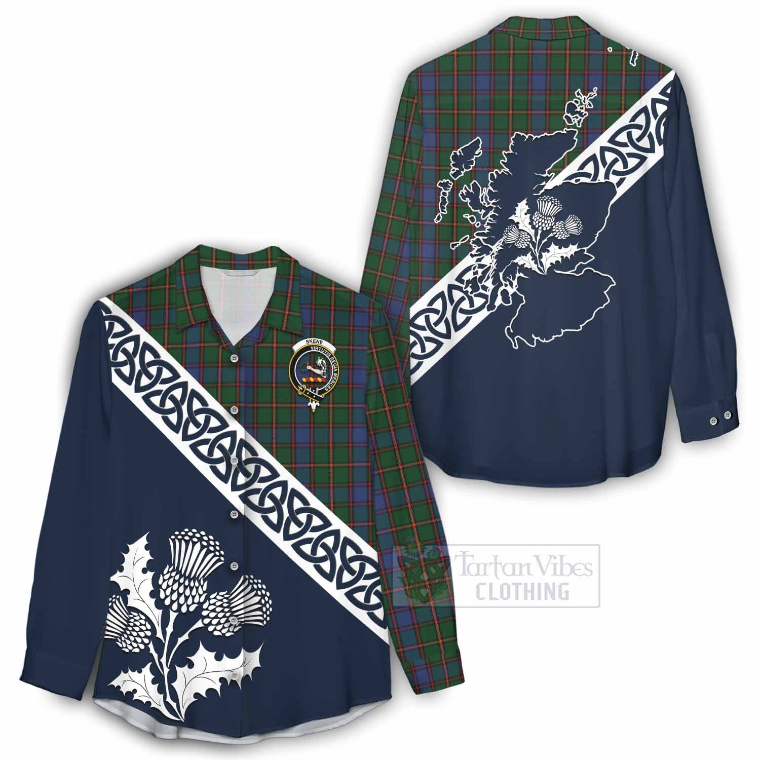 Tartan Vibes Clothing Skene Tartan Women's Casual Shirt Featuring Thistle and Scotland Map