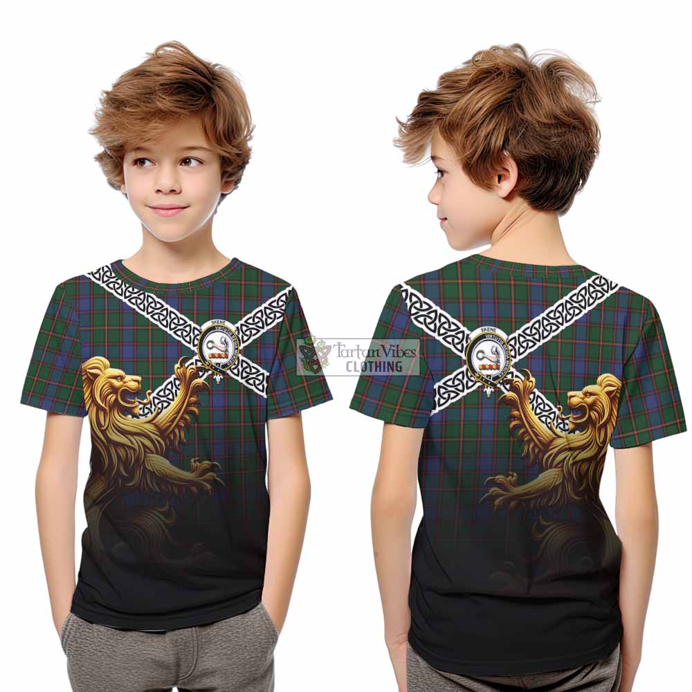 Tartan Vibes Clothing Skene Crest Tartan Kid T-Shirt with Golden Lion Emblem Celtic Style