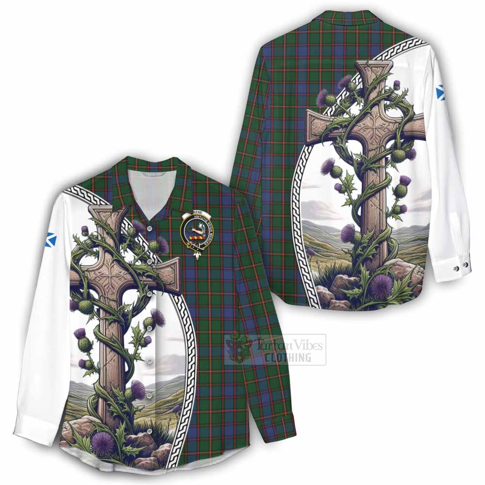 Tartan Vibes Clothing Skene Tartan Women's Casual Shirt with Family Crest and St. Andrew's Cross Accented by Thistle Vines