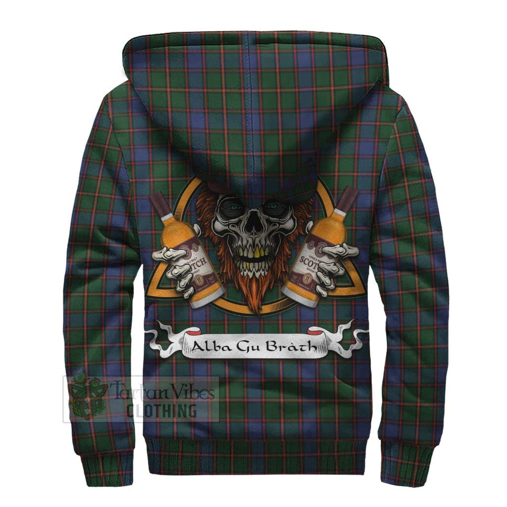 Tartan Vibes Clothing Skene Tartan Sherpa Hoodie with Family Crest and Bearded Skull Holding Bottles of Whiskey
