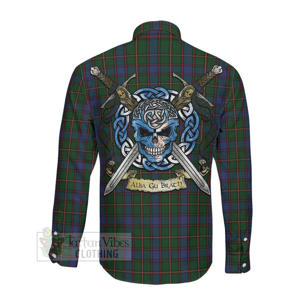 Tartan Vibes Clothing Skene Tartan Long Sleeve Button Shirt with Family Crest Celtic Skull Style