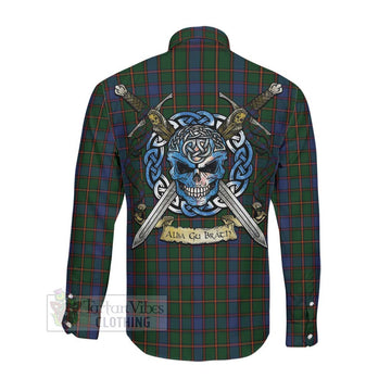 Tartan Vibes Clothing Skene Tartan Long Sleeve Button Shirt with Family Crest Celtic Skull Style