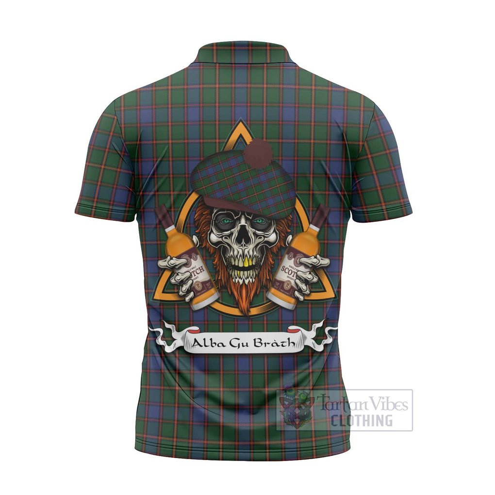 Tartan Vibes Clothing Skene Tartan Zipper Polo Shirt with Family Crest and Bearded Skull Holding Bottles of Whiskey