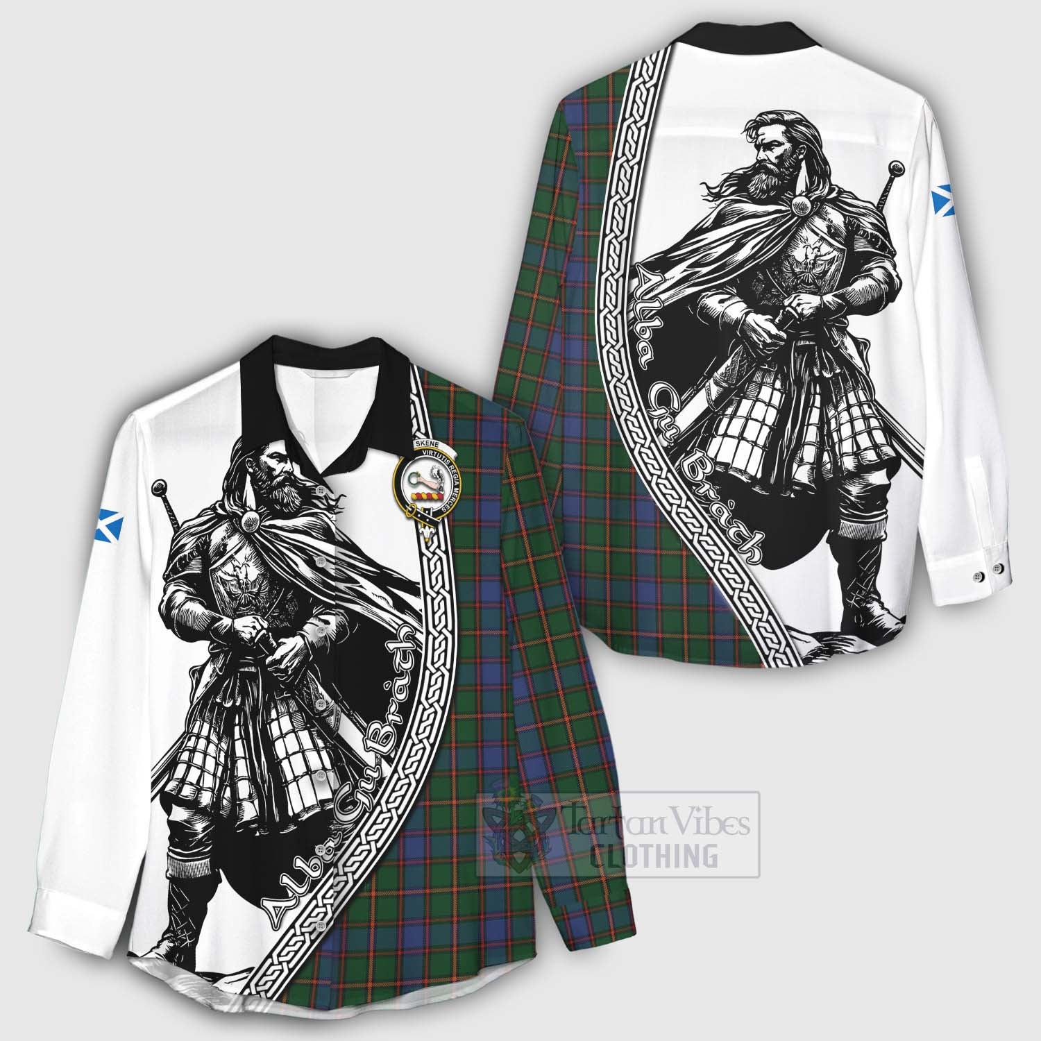Tartan Vibes Clothing Skene Tartan Clan Crest Women's Casual Shirt with Highlander Warrior Celtic Style