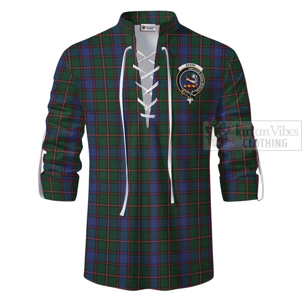 Tartan Vibes Clothing Skene Tartan Ghillie Kilt Shirt with Family Crest and Bearded Skull Holding Bottles of Whiskey