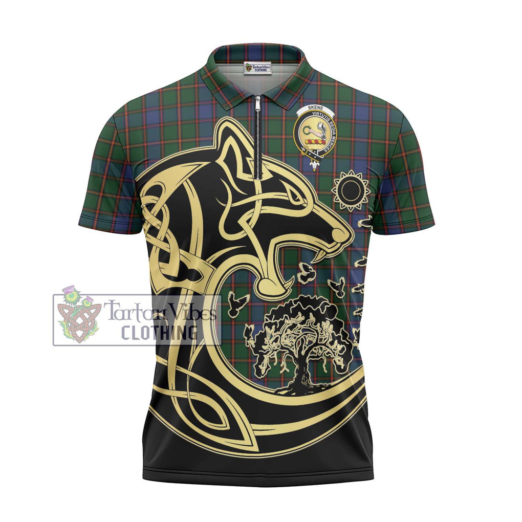 Skene Tartan Zipper Polo Shirt with Family Crest Celtic Wolf Style - Tartanvibesclothing Shop