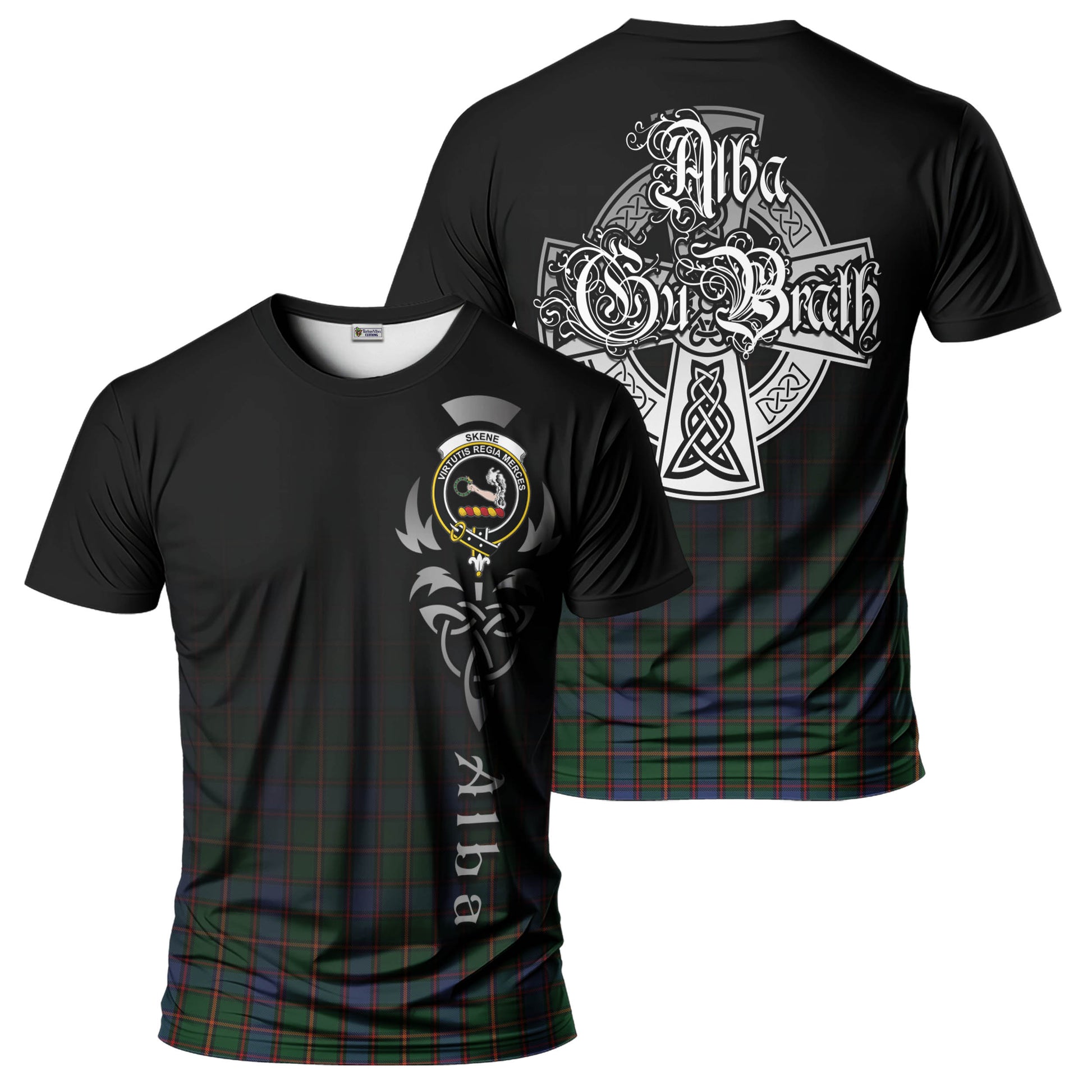 Tartan Vibes Clothing Skene Tartan T-Shirt Featuring Alba Gu Brath Family Crest Celtic Inspired