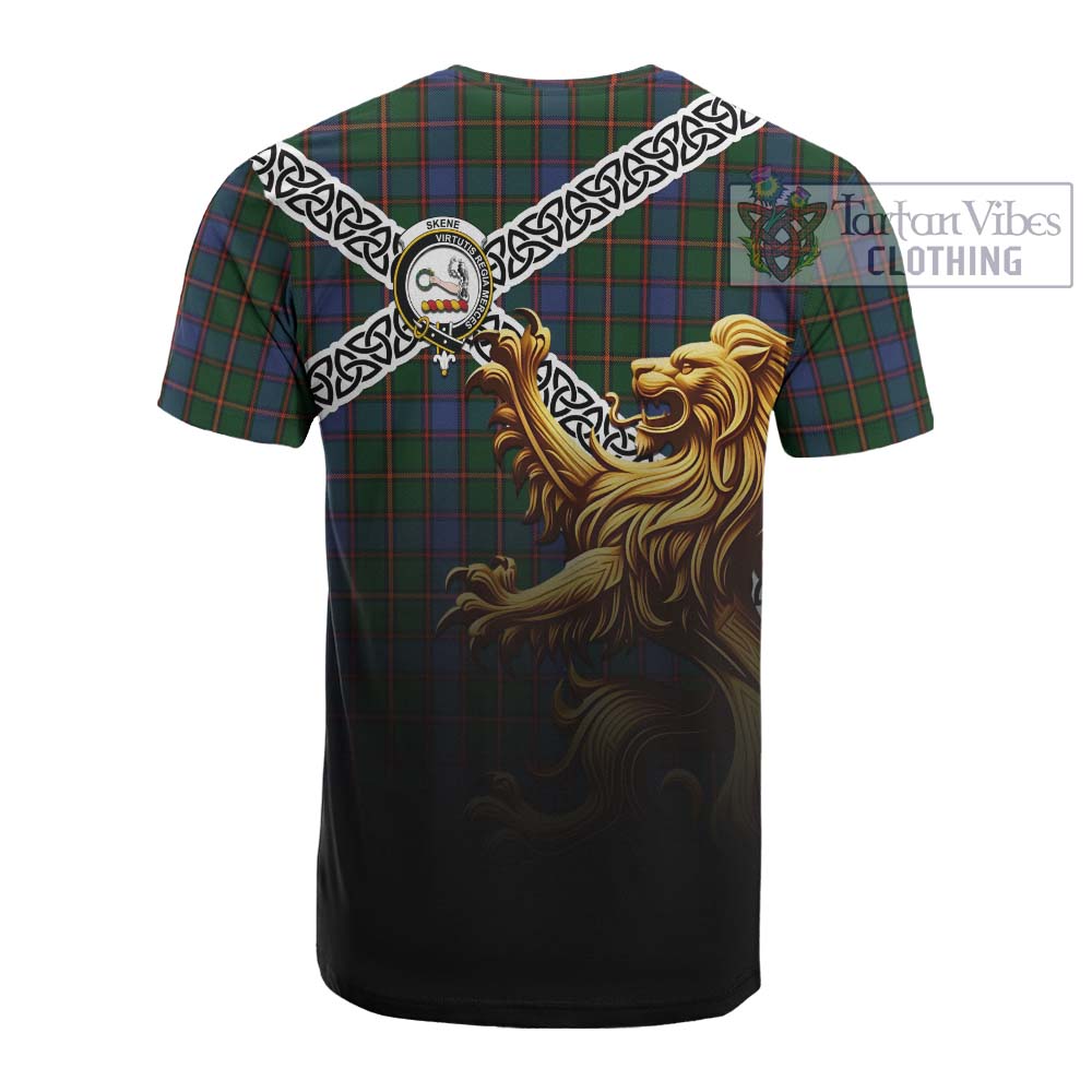 Tartan Vibes Clothing Skene Crest Tartan Cotton T-shirt with Golden Lion Emblem Celtic Style