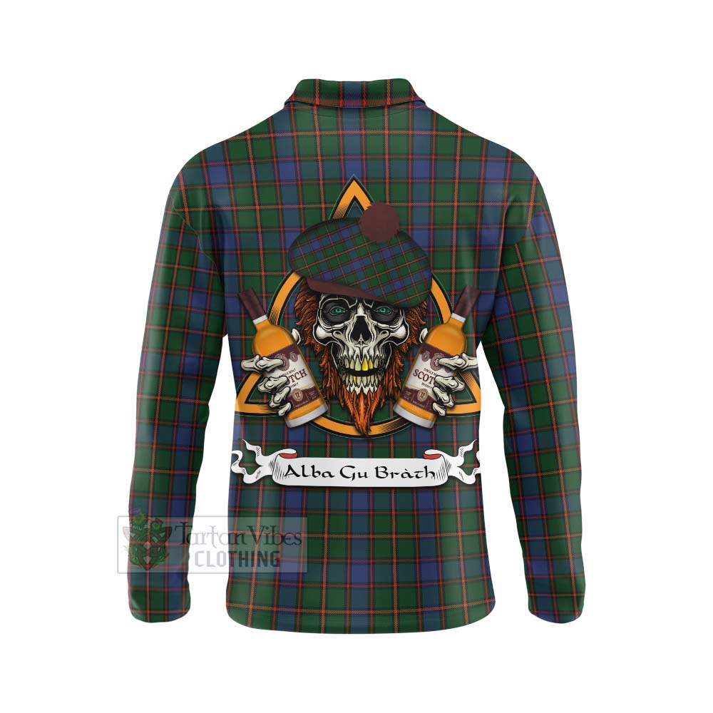 Tartan Vibes Clothing Skene Tartan Long Sleeve Polo Shirt with Family Crest and Bearded Skull Holding Bottles of Whiskey