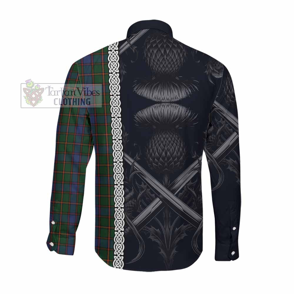 Tartan Vibes Clothing Skene Tartan Long Sleeve Button Shirt with Family Crest Cross Sword Thistle Celtic Vibes