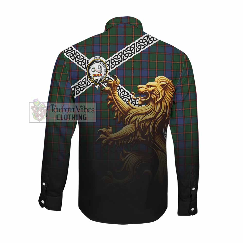 Tartan Vibes Clothing Skene Crest Tartan Long Sleeve Button Shirt with Golden Lion Emblem Celtic Style
