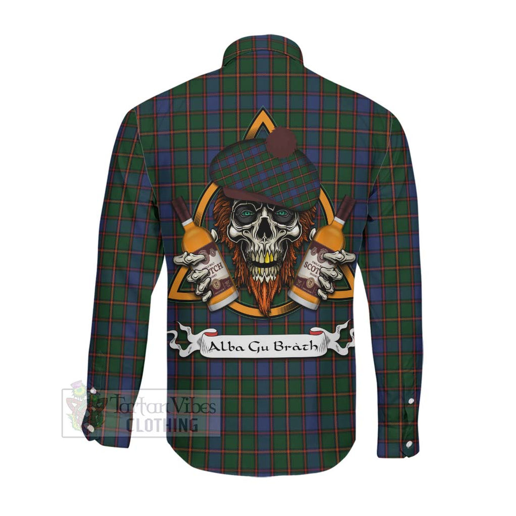 Tartan Vibes Clothing Skene Tartan Long Sleeve Button Shirt with Family Crest and Bearded Skull Holding Bottles of Whiskey