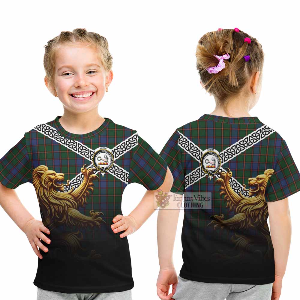 Tartan Vibes Clothing Skene Crest Tartan Kid T-Shirt with Golden Lion Emblem Celtic Style