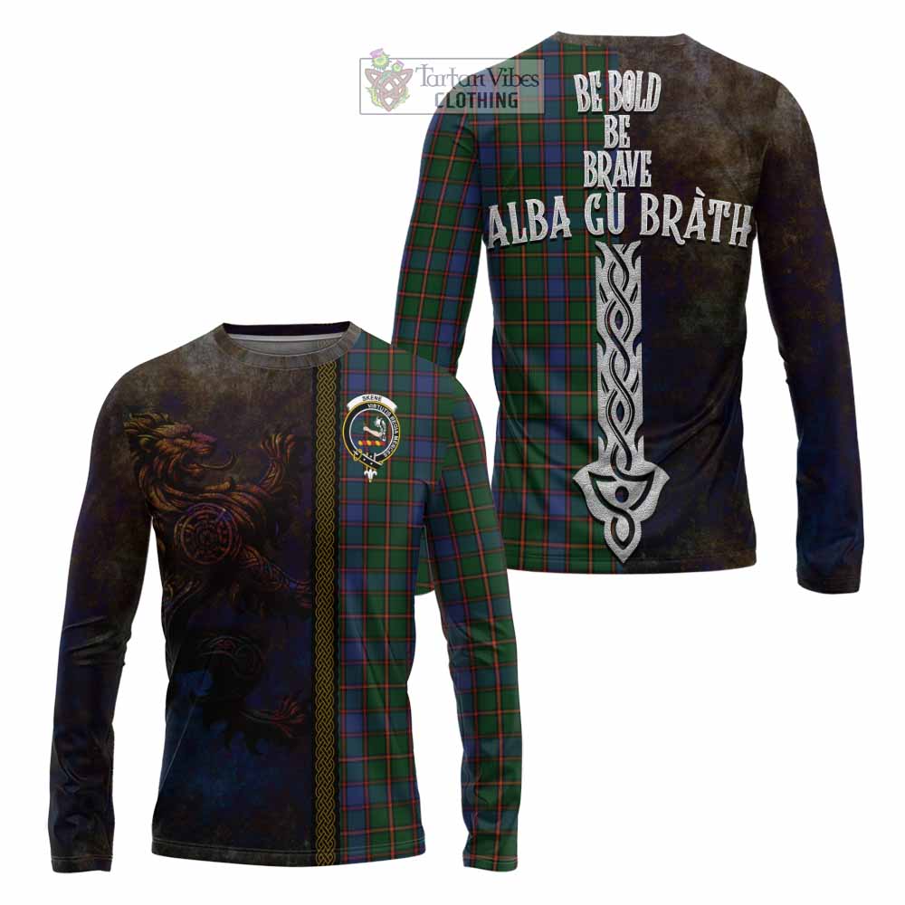 Tartan Vibes Clothing Skene Tartan Family Crest Long Sleeve T-Shirt Alba Gu Brath Be Brave Lion Ancient Style
