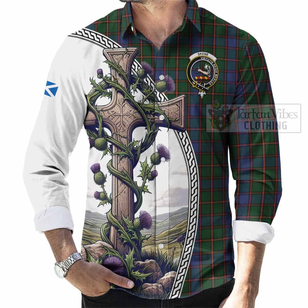 Tartan Vibes Clothing Skene Tartan Long Sleeve Button Shirt with Family Crest and St. Andrew's Cross Accented by Thistle Vines