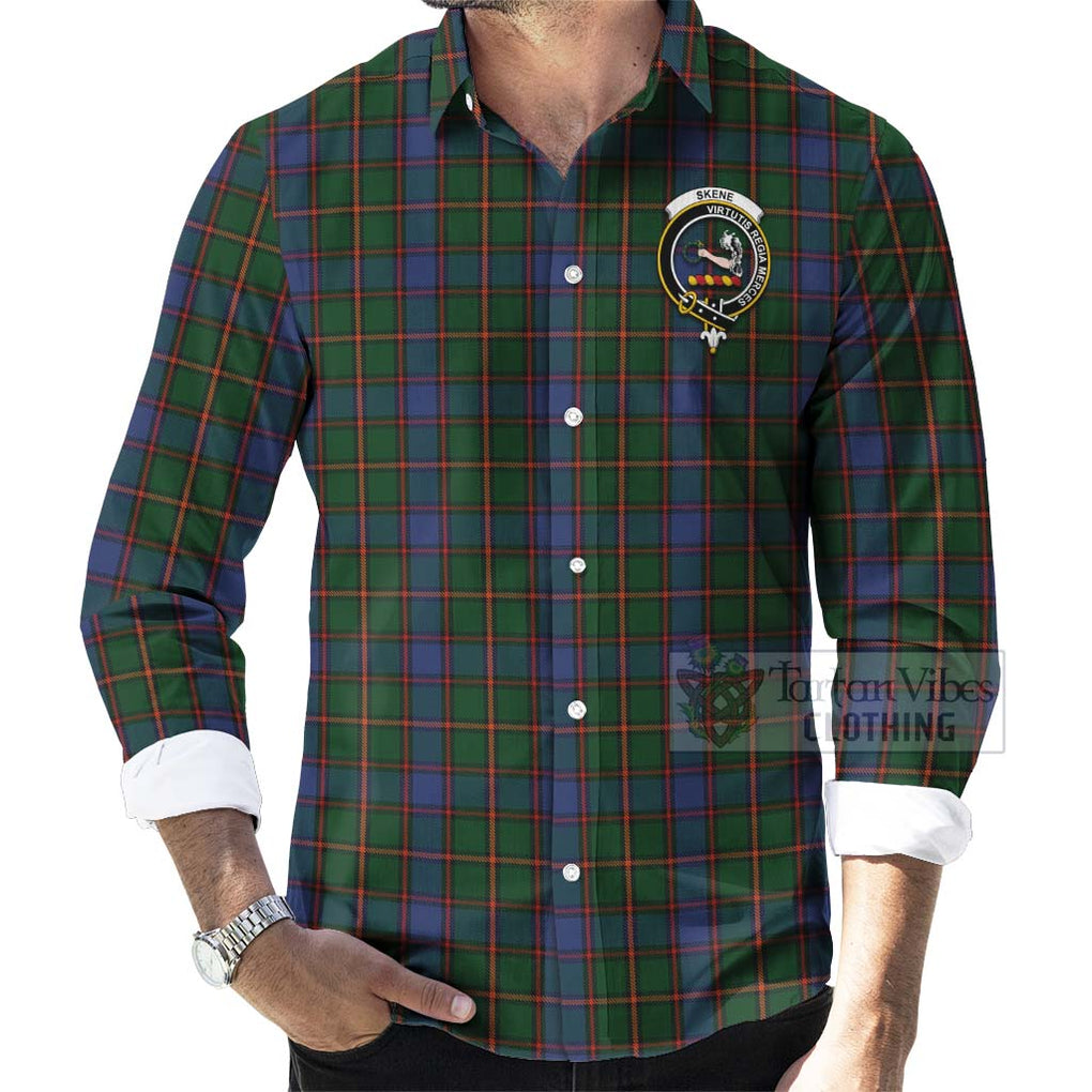 Tartan Vibes Clothing Skene Tartan Long Sleeve Button Shirt with Family Crest Celtic Skull Style