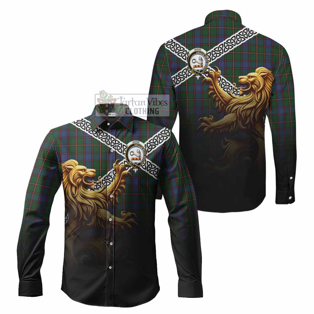 Tartan Vibes Clothing Skene Crest Tartan Long Sleeve Button Shirt with Golden Lion Emblem Celtic Style