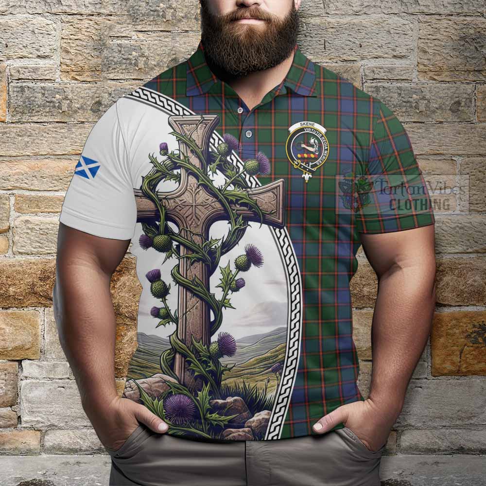 Tartan Vibes Clothing Skene Tartan Polo Shirt with Family Crest and St. Andrew's Cross Accented by Thistle Vines
