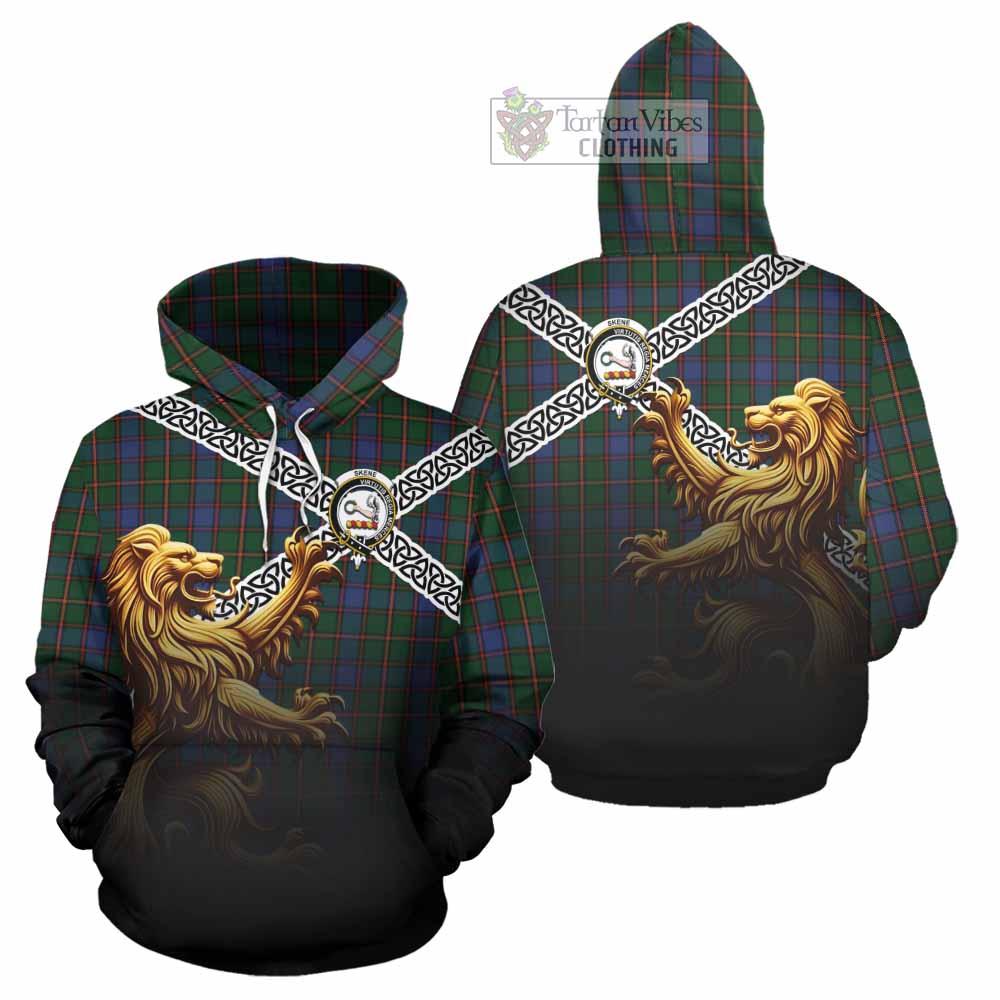 Tartan Vibes Clothing Skene Crest Tartan Hoodie with Golden Lion Emblem Celtic Style