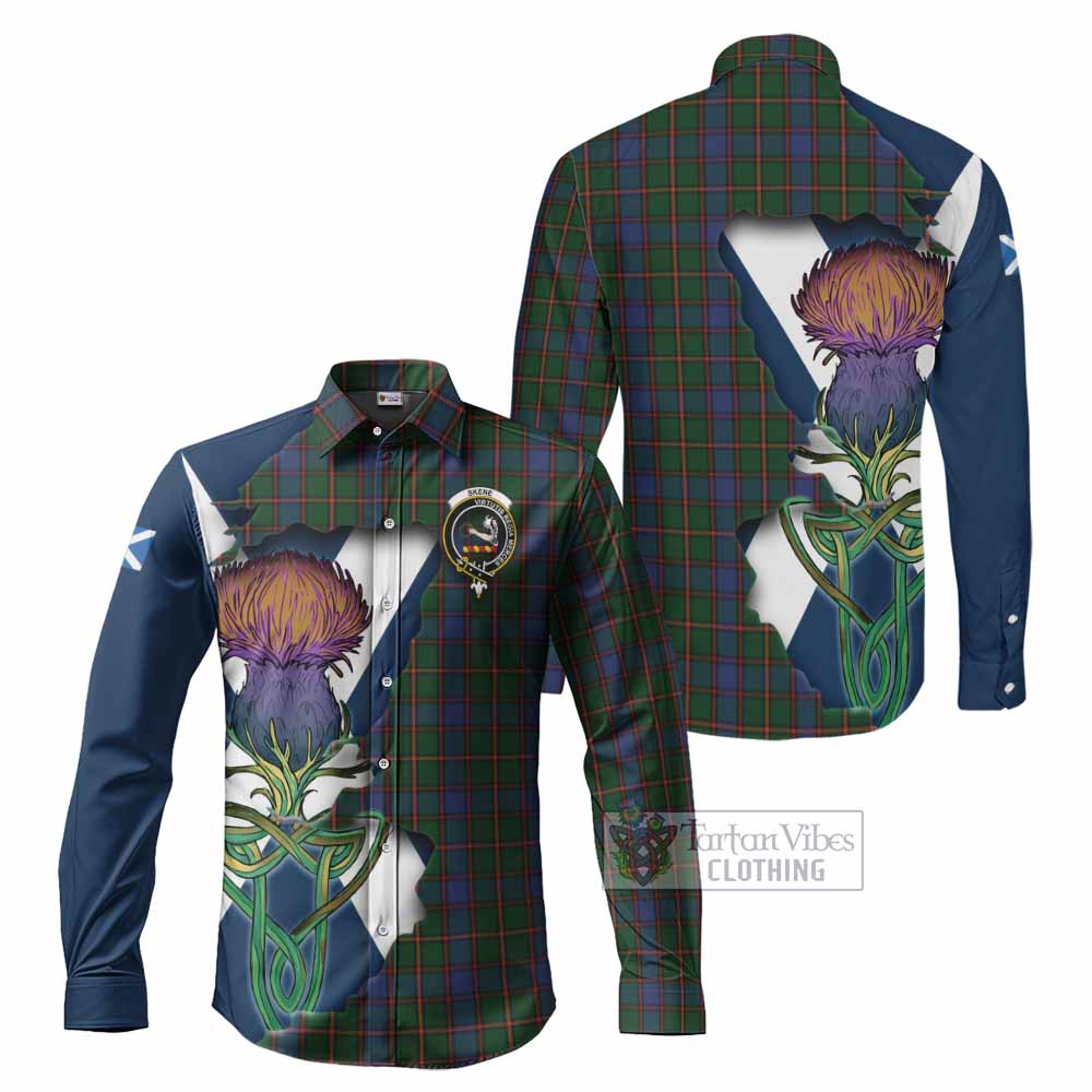 Tartan Vibes Clothing Skene Tartan Family Crest Long Sleeve Button Shirt Scottish Thistle Celtic Inspired