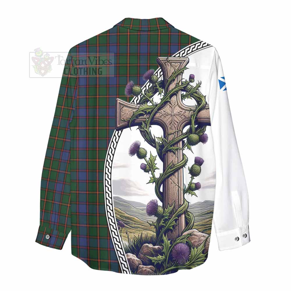 Tartan Vibes Clothing Skene Tartan Women's Casual Shirt with Family Crest and St. Andrew's Cross Accented by Thistle Vines