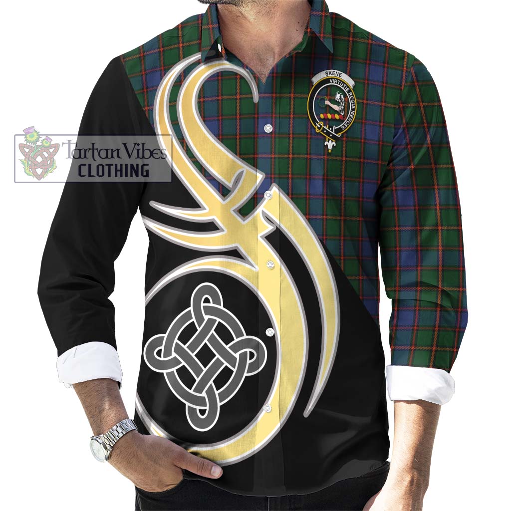Skene Tartan Long Sleeve Button Shirt with Family Crest and Celtic Symbol Style - Tartan Vibes Clothing