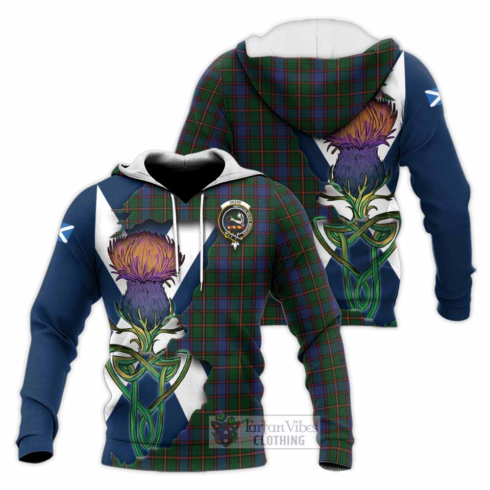 Tartan Vibes Clothing Skene Tartan Family Crest Knitted Hoodie Scottish Thistle Celtic Inspired