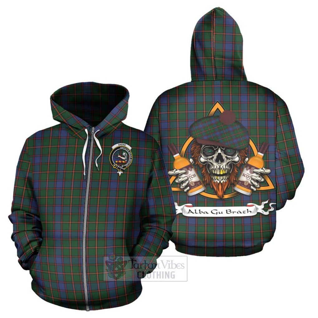 Tartan Vibes Clothing Skene Tartan Hoodie with Family Crest and Bearded Skull Holding Bottles of Whiskey