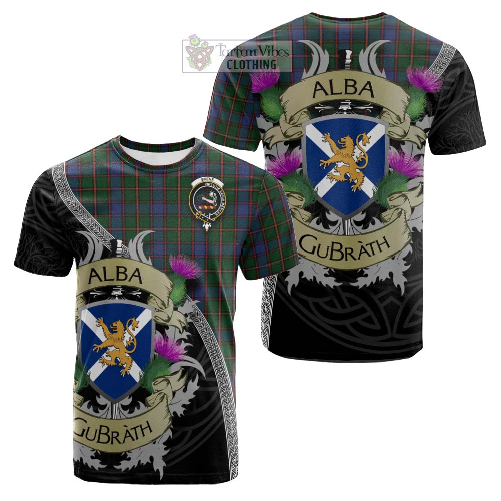 Tartan Vibes Clothing Skene Tartan Family Crest Cotton T-shirt Lion Rampant Royal Thistle Shield Celtic Inspired