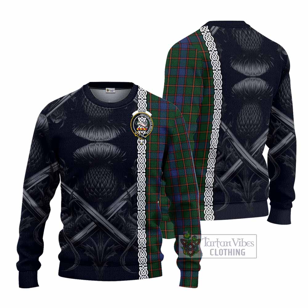 Tartan Vibes Clothing Skene Tartan Knitted Sweater with Family Crest Cross Sword Thistle Celtic Vibes