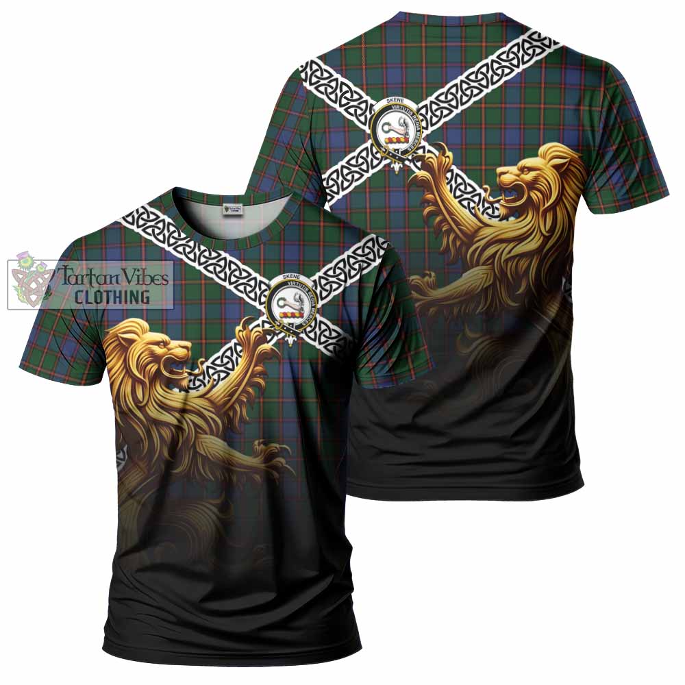 Tartan Vibes Clothing Skene Crest Tartan T-Shirt with Golden Lion Emblem Celtic Style