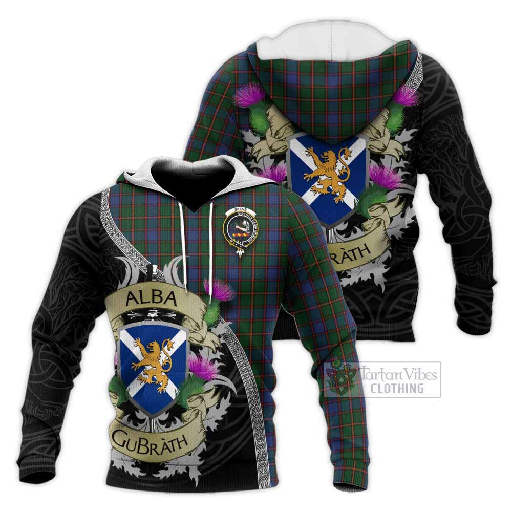 Tartan Vibes Clothing Skene Tartan Family Crest Knitted Hoodie Lion Rampant Royal Thistle Shield Celtic Inspired