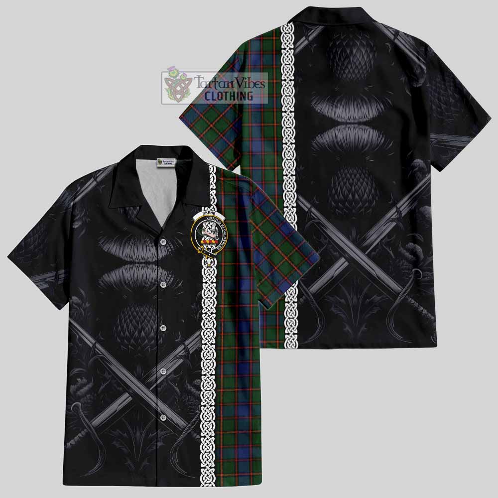 Tartan Vibes Clothing Skene Tartan Short Sleeve Button Shirt with Family Crest Cross Sword Thistle Celtic Vibes