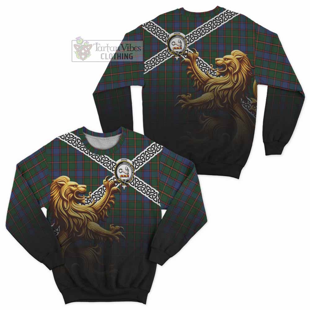 Tartan Vibes Clothing Skene Crest Tartan Sweatshirt with Golden Lion Emblem Celtic Style