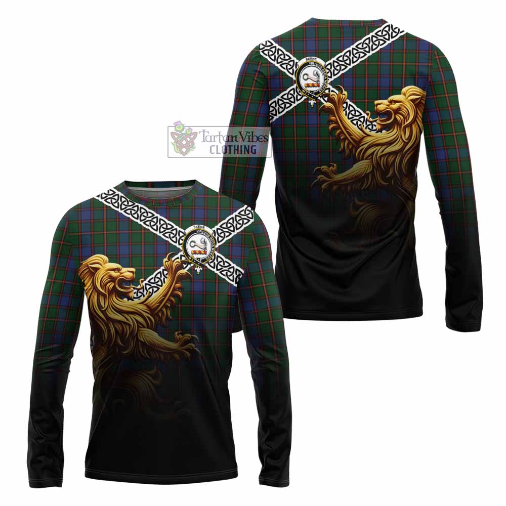 Tartan Vibes Clothing Skene Crest Tartan Long Sleeve T-Shirt with Golden Lion Emblem Celtic Style