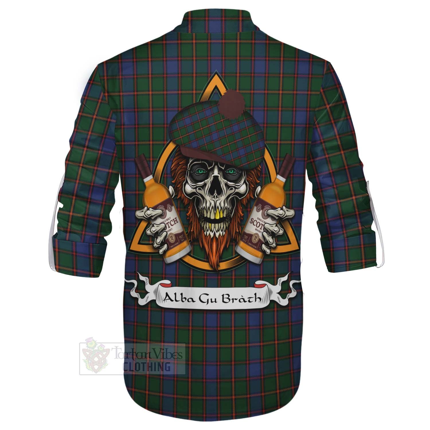 Tartan Vibes Clothing Skene Tartan Ghillie Kilt Shirt with Family Crest and Bearded Skull Holding Bottles of Whiskey