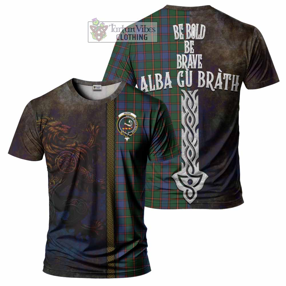 Tartan Vibes Clothing Skene Tartan Family Crest T-Shirt Alba Gu Brath Be Brave Lion Ancient Style
