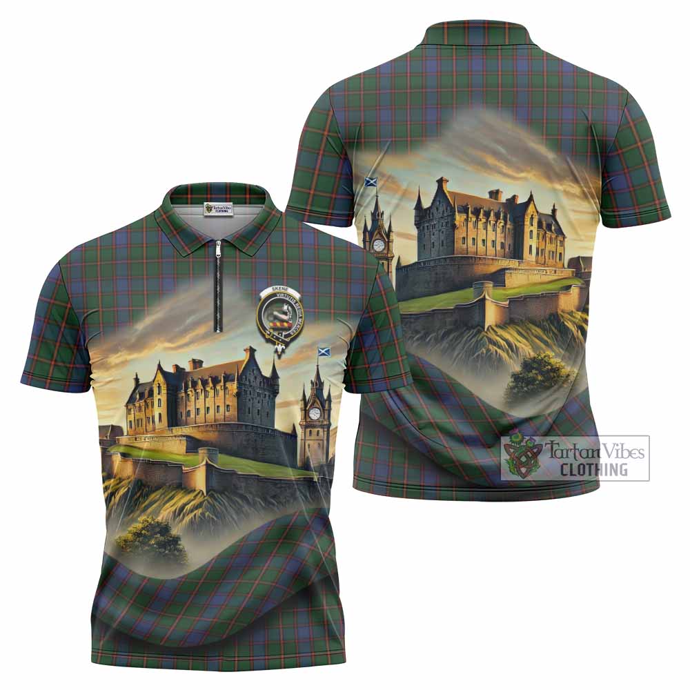 Tartan Vibes Clothing Skene Tartan Family Crest Zipper Polo Shirt with Scottish Ancient Castle Stype