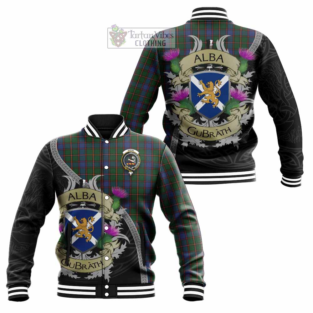 Tartan Vibes Clothing Skene Tartan Family Crest Baseball Jacket Lion Rampant Royal Thistle Shield Celtic Inspired