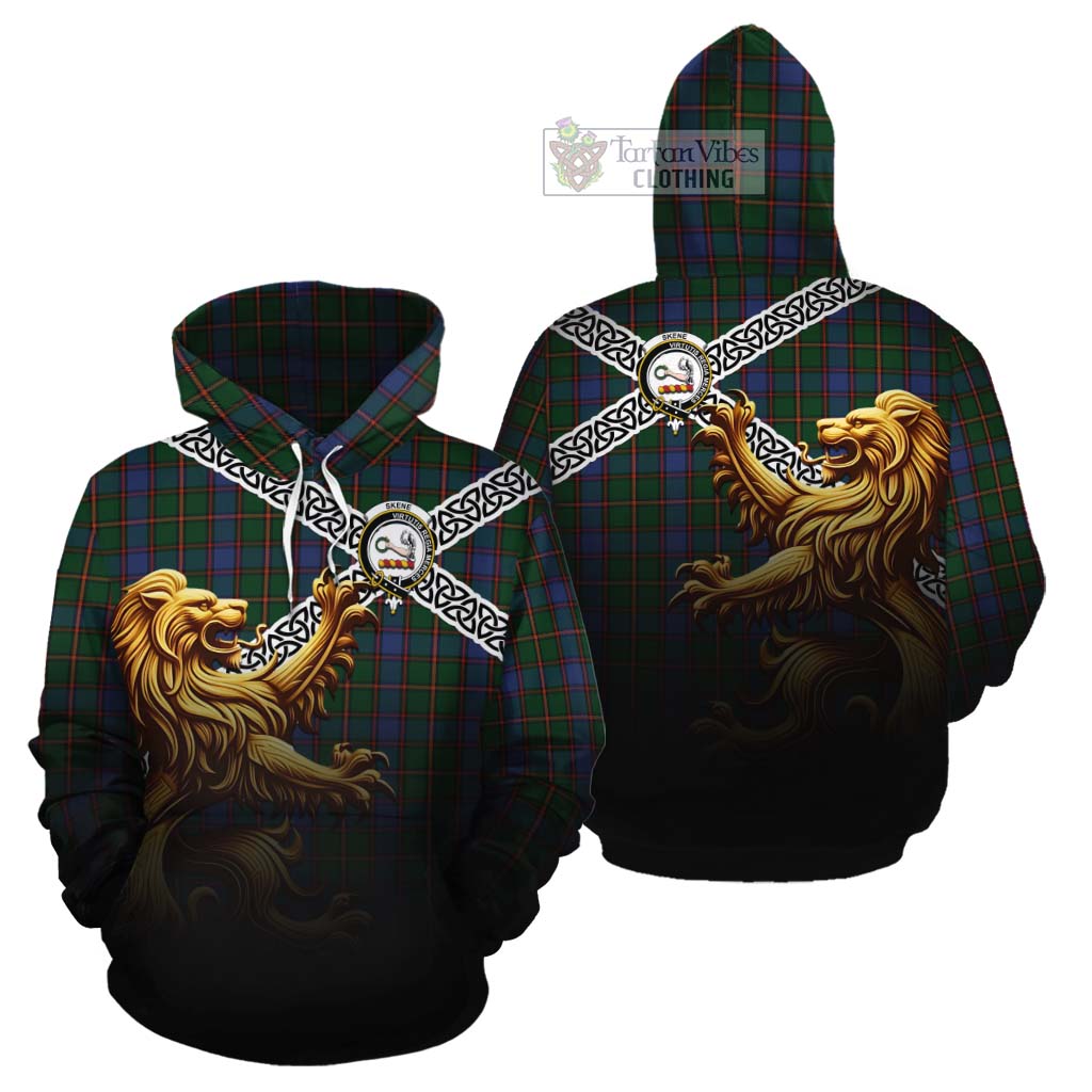 Tartan Vibes Clothing Skene Crest Tartan Cotton Hoodie with Golden Lion Emblem Celtic Style