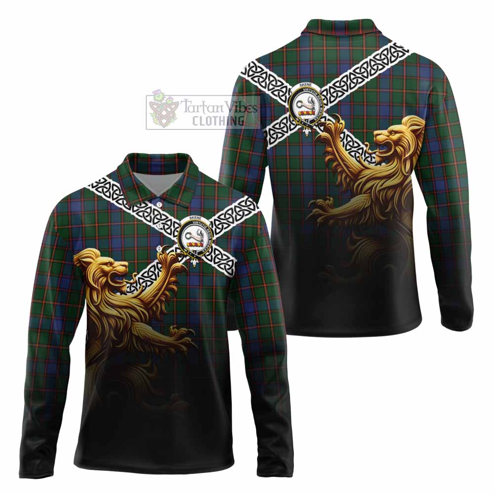 Tartan Vibes Clothing Skene Crest Tartan Long Sleeve Polo Shirt with Golden Lion Emblem Celtic Style