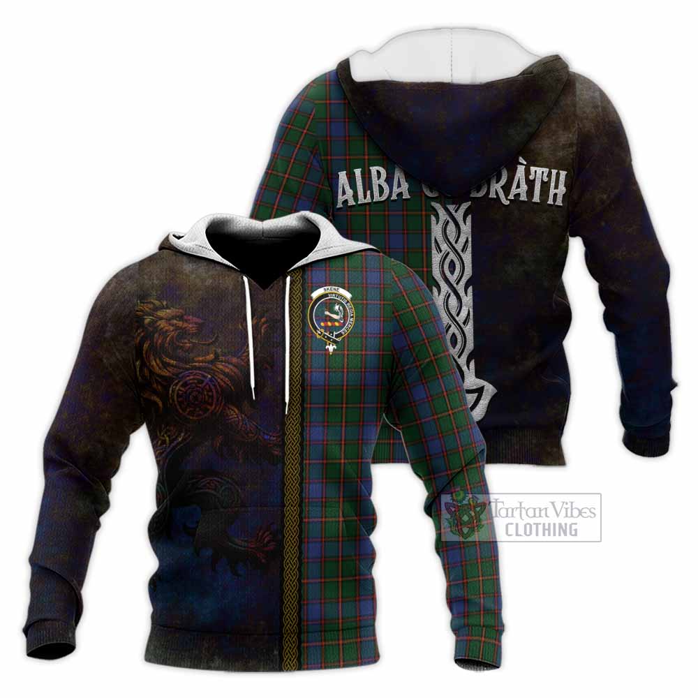 Tartan Vibes Clothing Skene Tartan Family Crest Knitted Hoodie Alba Gu Brath Be Brave Lion Ancient Style