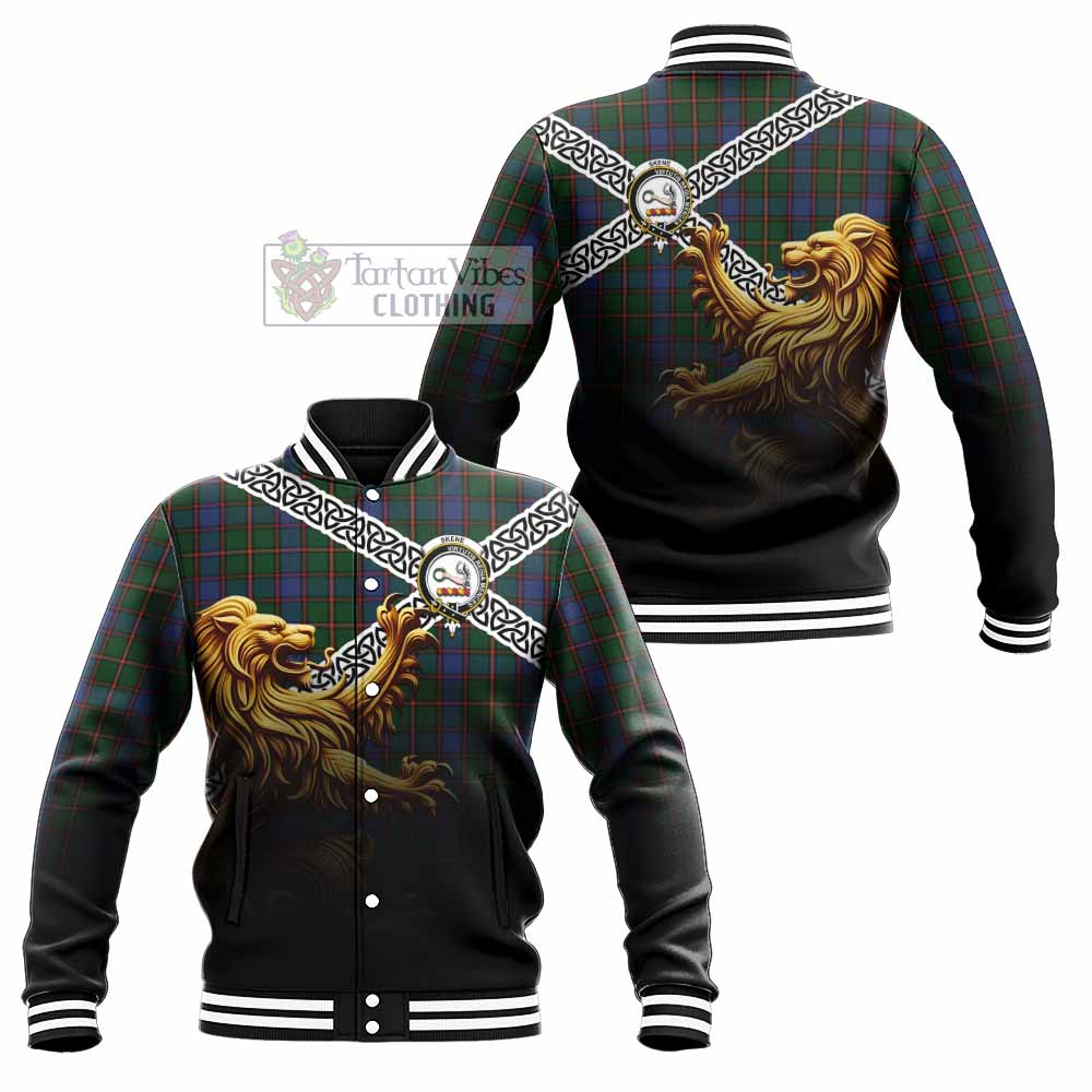 Tartan Vibes Clothing Skene Crest Tartan Baseball Jacket with Golden Lion Emblem Celtic Style