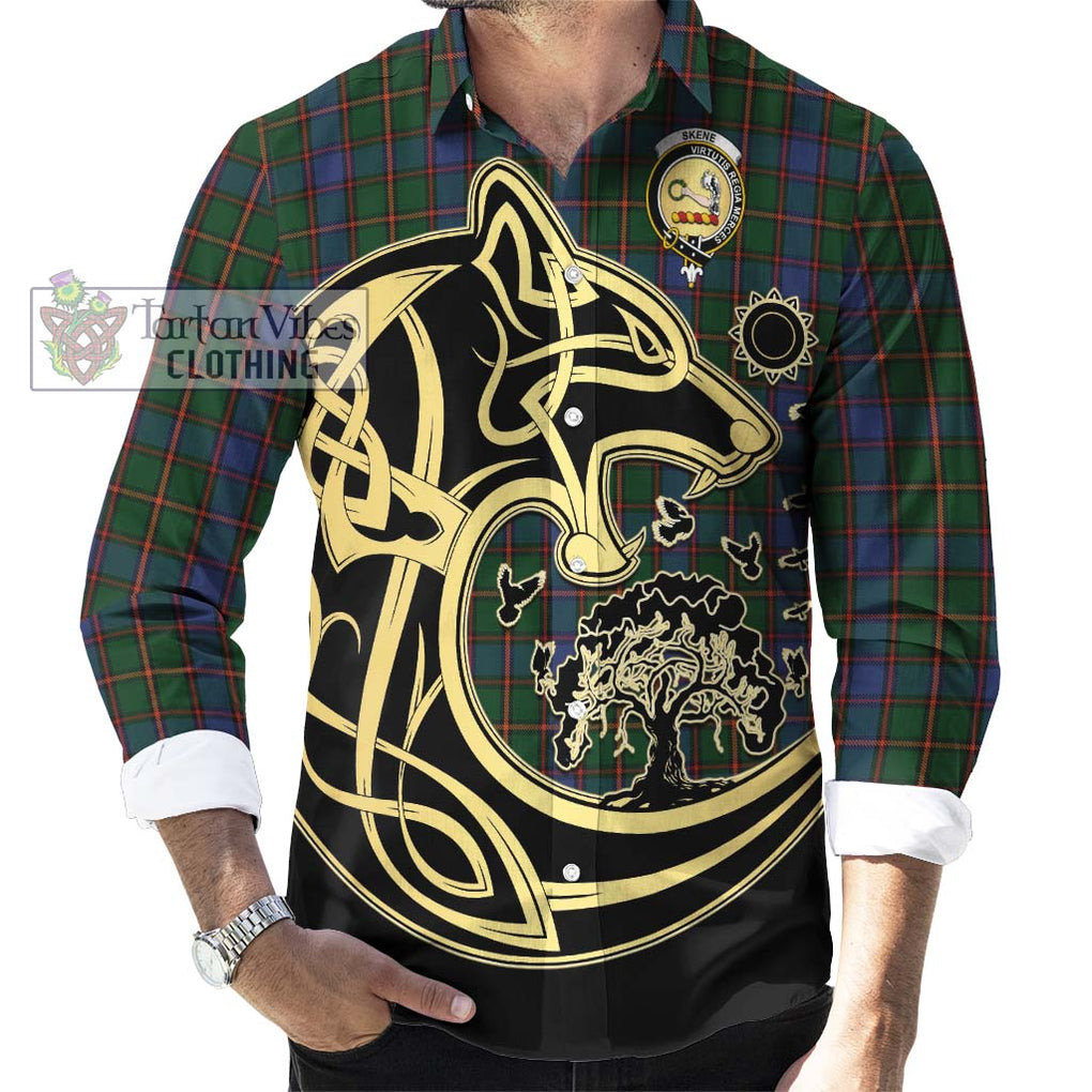 Skene Tartan Long Sleeve Button Shirt with Family Crest Celtic Wolf Style - Tartan Vibes Clothing