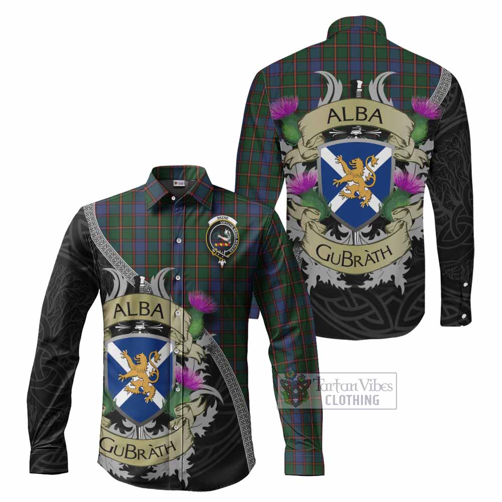 Tartan Vibes Clothing Skene Tartan Family Crest Long Sleeve Button Shirt Lion Rampant Royal Thistle Shield Celtic Inspired