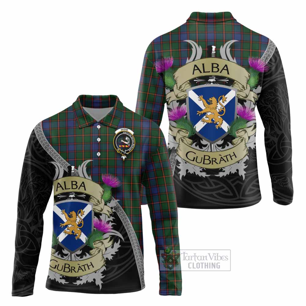 Tartan Vibes Clothing Skene Tartan Family Crest Long Sleeve Polo Shirt Lion Rampant Royal Thistle Shield Celtic Inspired