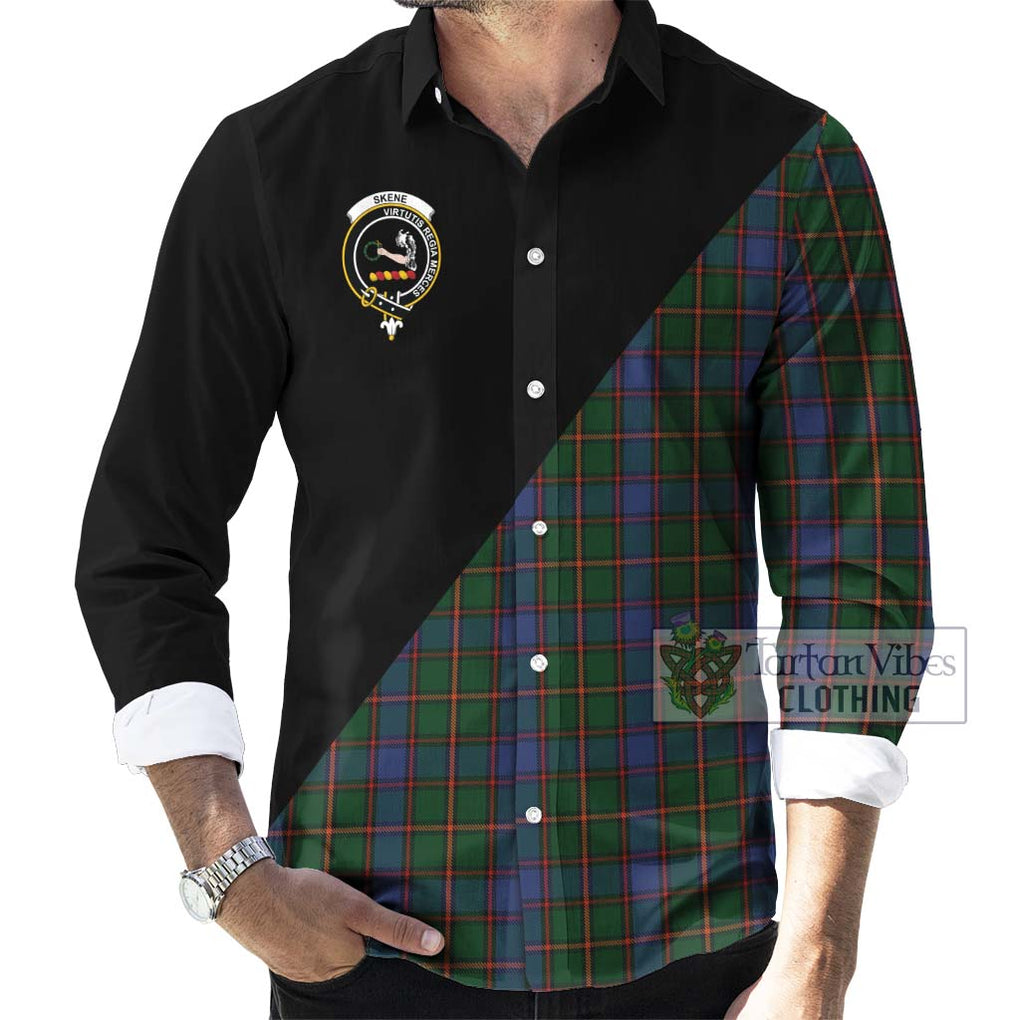 Skene Tartan Long Sleeve Button Shirt with Family Crest and Military Logo Style - Tartanvibesclothing Shop