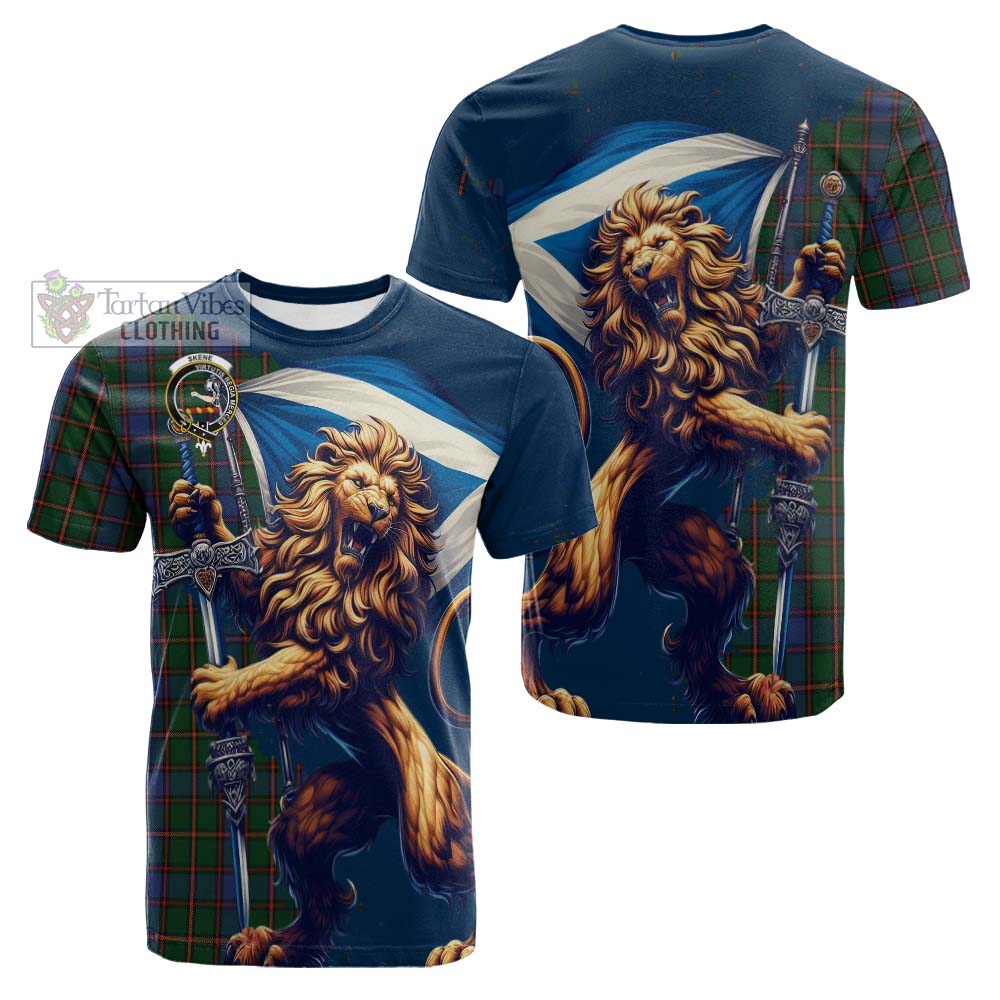 Tartan Vibes Clothing Skene Tartan Family Crest Cotton T-shirt with Scottish Majestic Lion