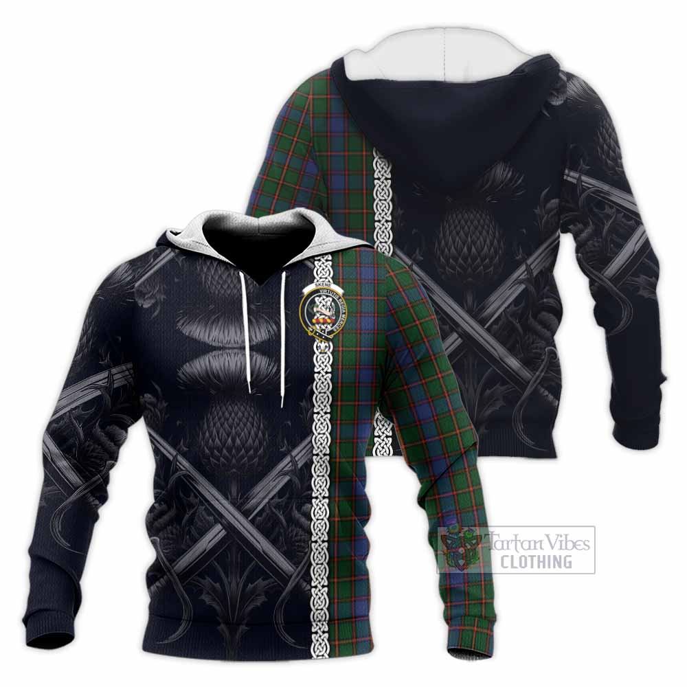 Tartan Vibes Clothing Skene Tartan Knitted Hoodie with Family Crest Cross Sword Thistle Celtic Vibes