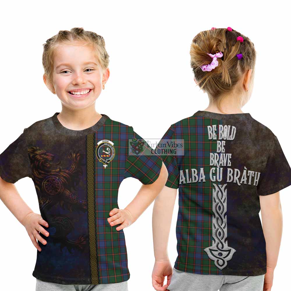 Tartan Vibes Clothing Skene Tartan Family Crest Kid T-Shirt Alba Gu Brath Be Brave Lion Ancient Style